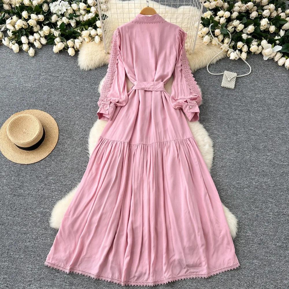Bata Vintage para Mujer Cuello Vuelto Manga Linterna Vestido Encaje Vendaje Lazo Ajustado Gran Vuelo Vestidos Maxi Elegante Vestido Mujer