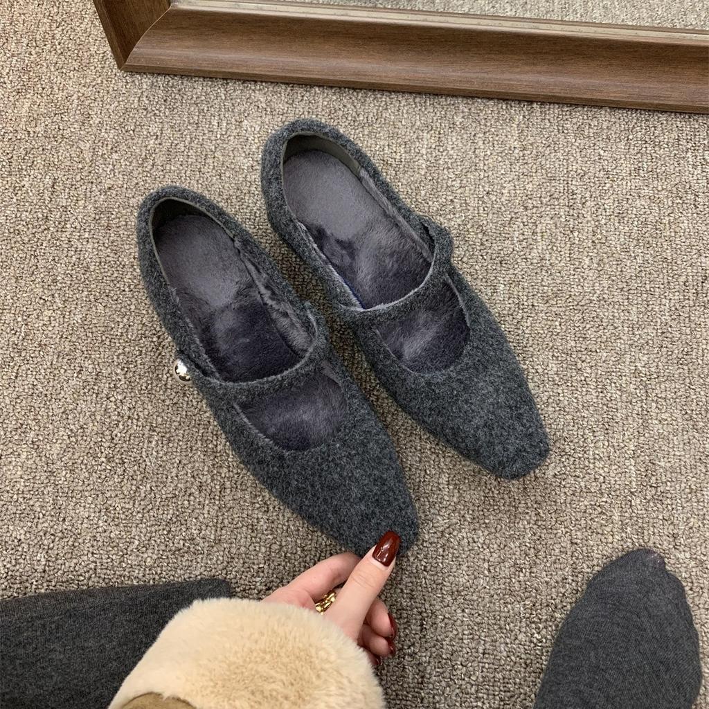 Square head gray thick heel single shoes women's winter velvet evening high heel Mary Jane fluffy shoes