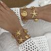 Vintage Punk Edelstahl Ozean Serie Breites Manschettenarmband für Damen Vergoldet Seestern Muschel Schildkröte Armband Strand Zirkon