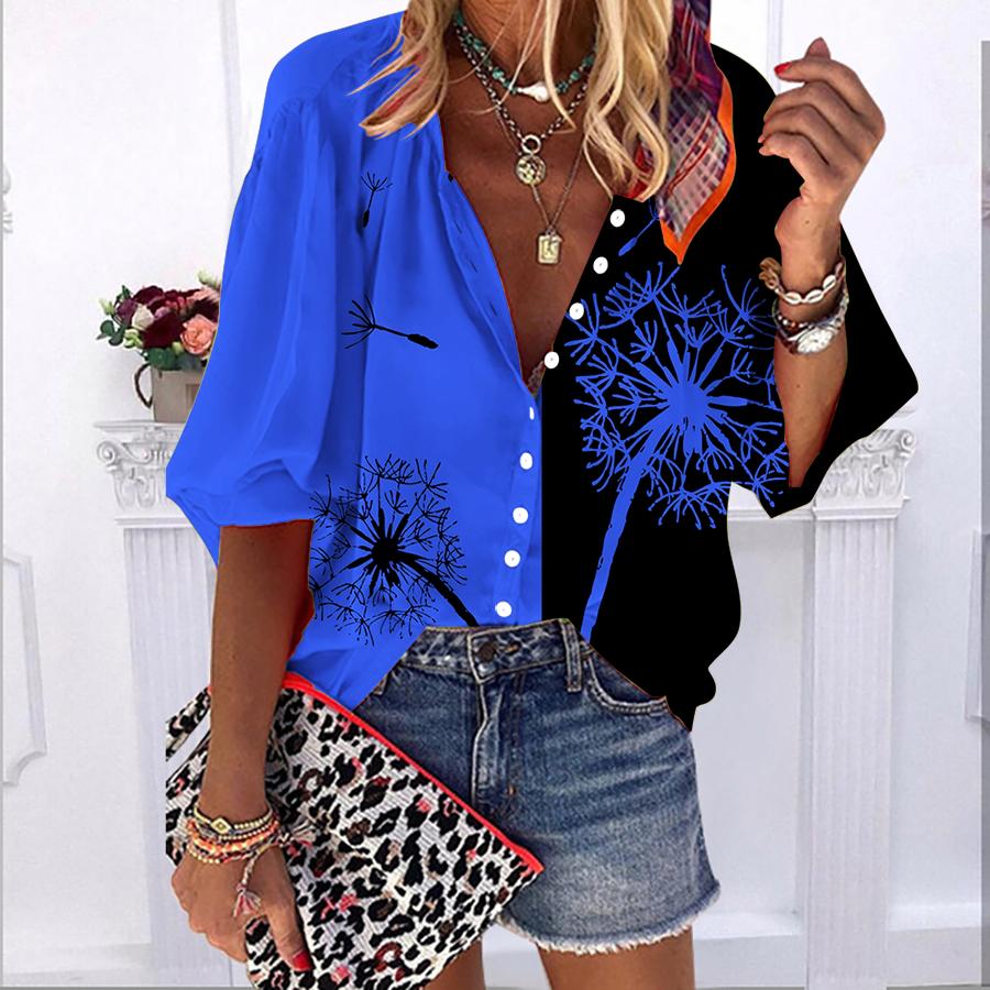 

2023 Лето Осень Новые модные женские топы Оранжевый одуванчик с принтом до половины рукава Повседневная рубашка больших размеров на пуговицах с объемными рукавами XL темно-синий