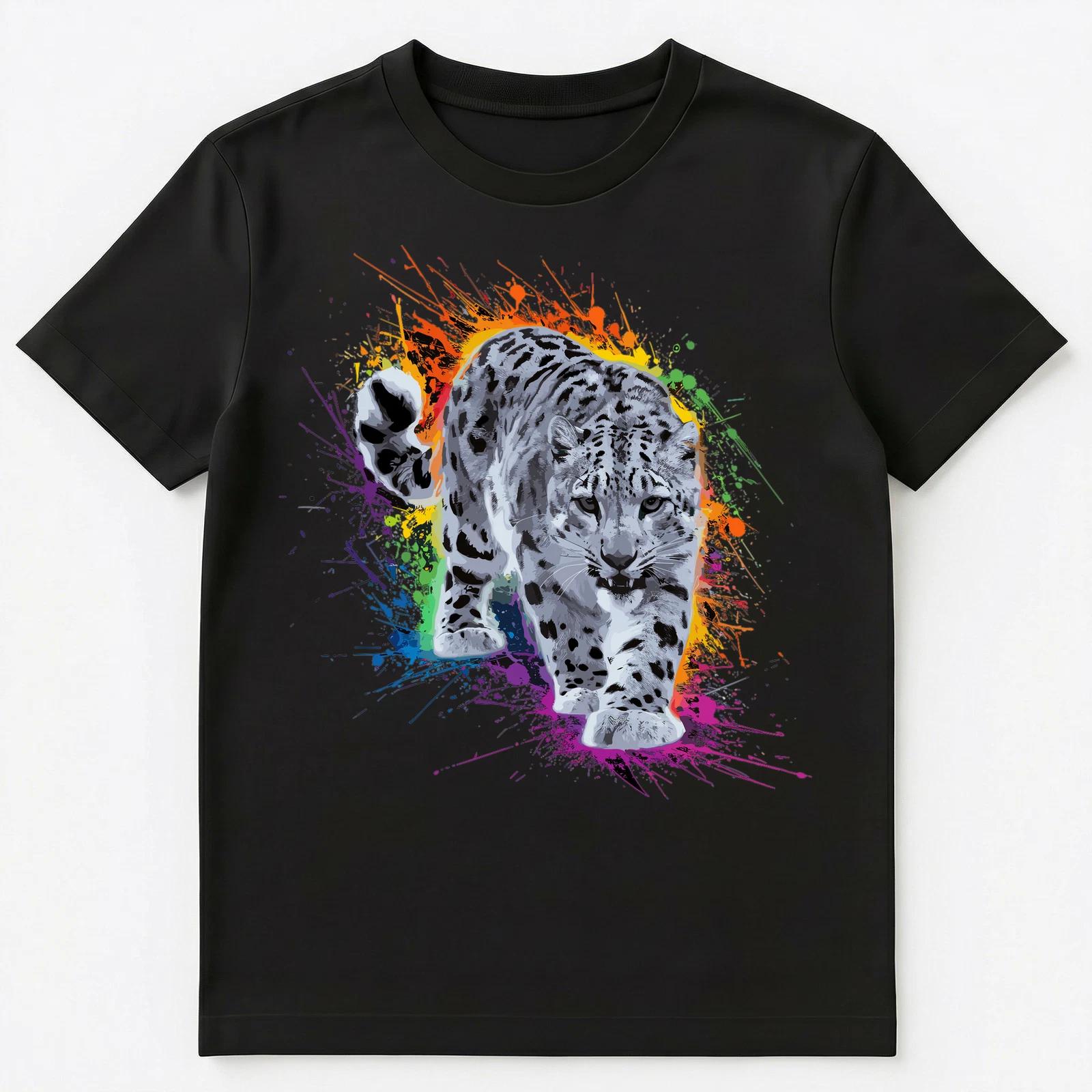 Colorful Paint Splash Snow Leopard Art Graphic Unisex T-Shirt L