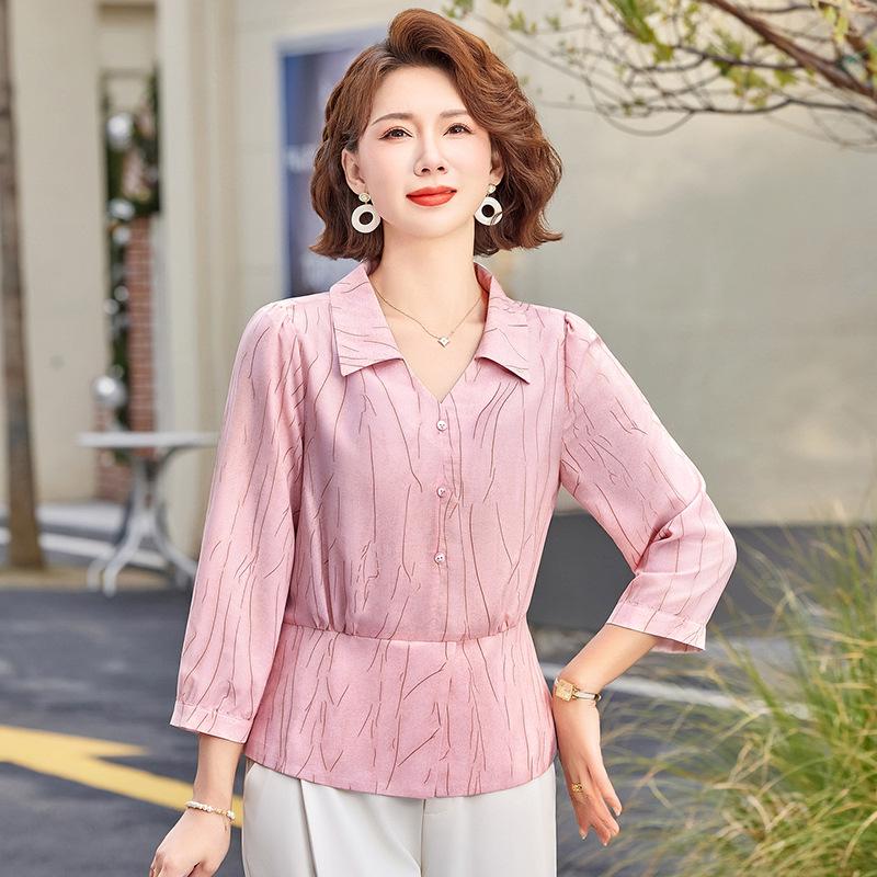 

Elegant Chiffon Lapel Blouse – Slimming, Seven-Sleeve Style for Mid-Aged & Elderly Women, Perfect Summer Wear. 4XL (125-140 jin) розовый