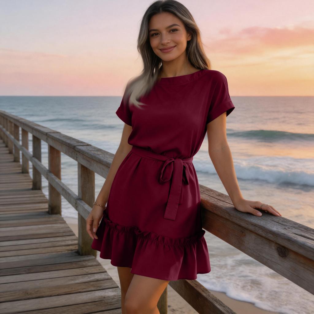 Women's Casual Short Sleeve Dress with Ruffle Hem and Waist Tie Elegant Summer Dress Lightweight Fabric Comfortable Fit