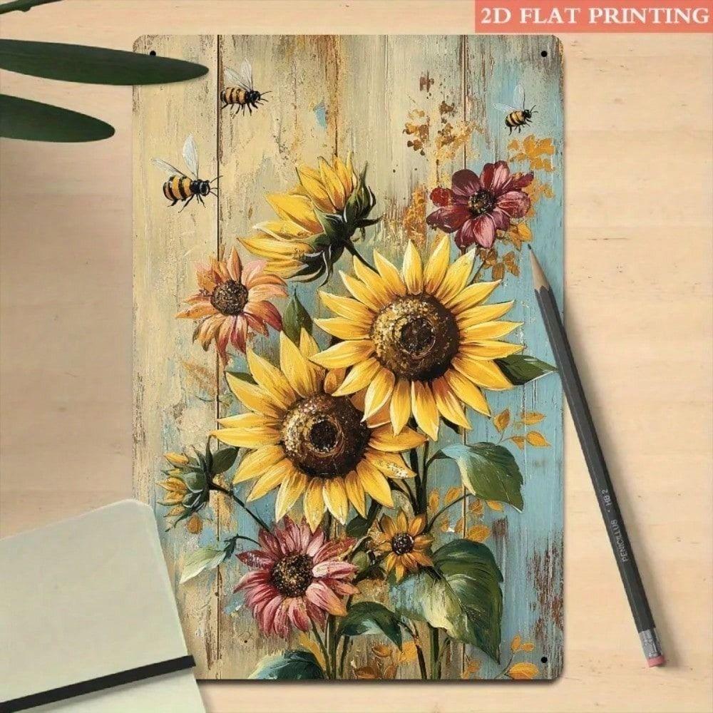 Vintage Sunflower Bee Metal Wall Art 20x30cm Rustic Farmhouse Porch Decor Tin Sign