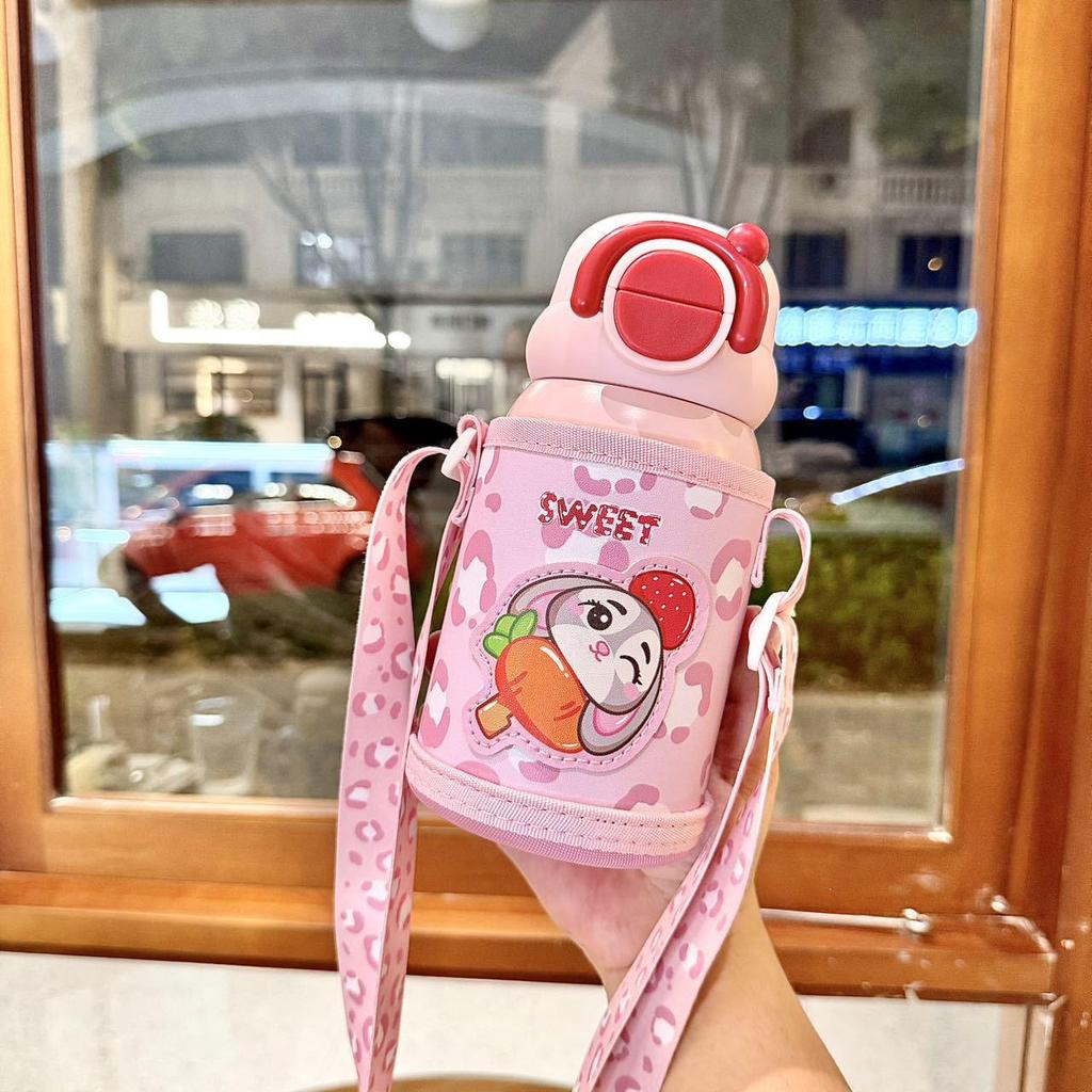 Cartoon Kids Thermos Cup with Sleeve, 316 Stainless Steel, Anti-Fall Straw, Portable & Cute for Students