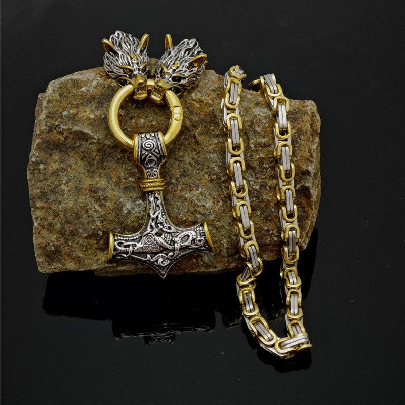 Foreign Trade Retro Nordic Viking Rune Hammer Pendant Wolf Head Necklace Bracelet Jewelry Set Stainless Steel Chain