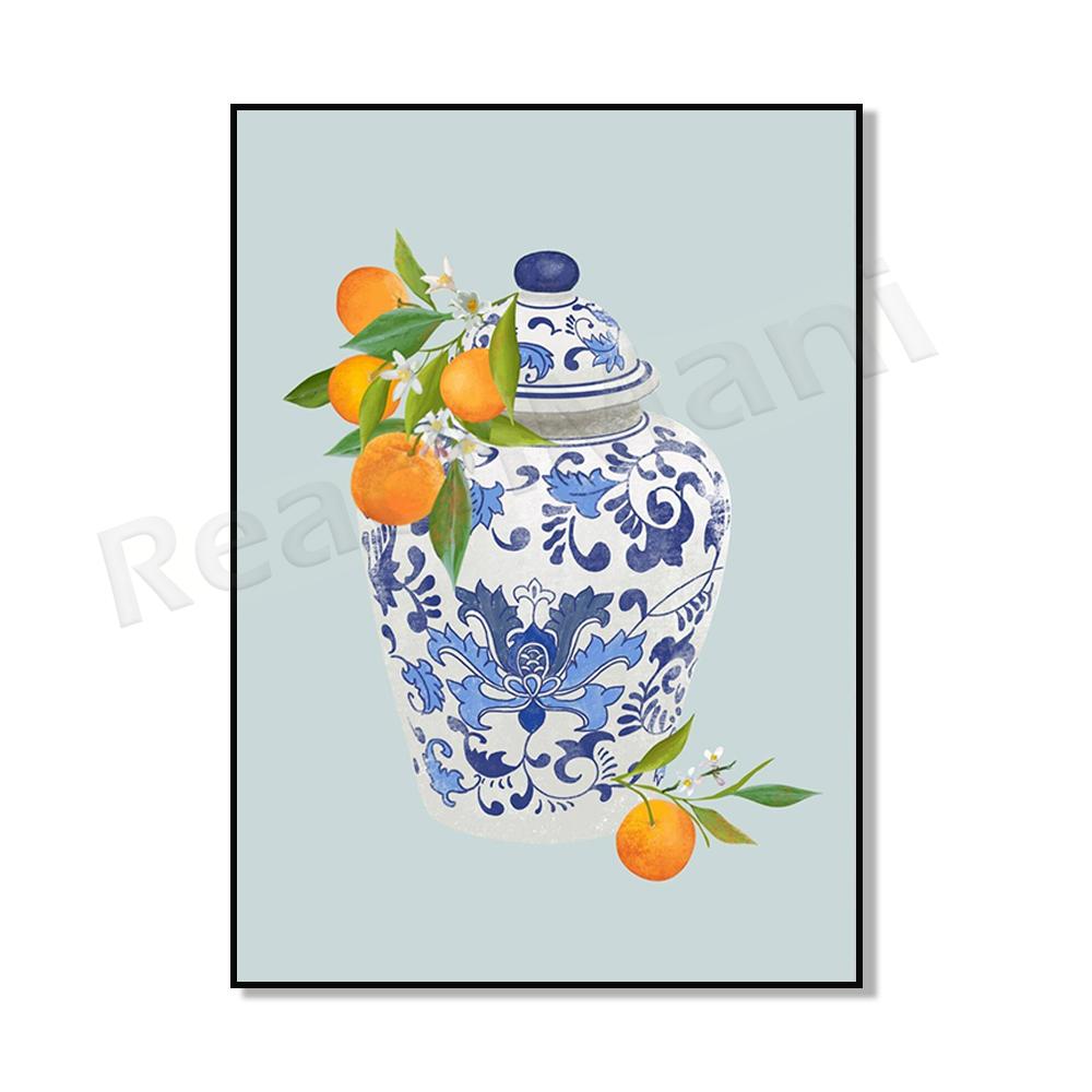 Ginger Jar Art Orange Wall Art Poster, Blue Chinoiserie Vase, Academic Wall Art, Traditional Asian Vase Print, Ginger Jar Print