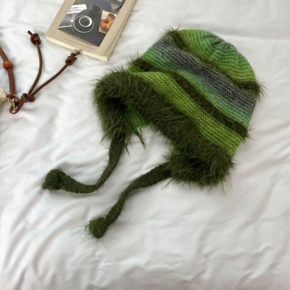New Design Y2k Handbag-hat Hand-crocheted Pullover Beanie Hat Winter Striped Drawstring Hat  Women