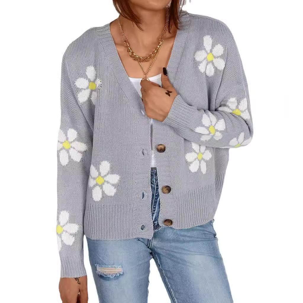 Autumn new sweater for women, European and American loose collegiate floral button knit cardigan for women