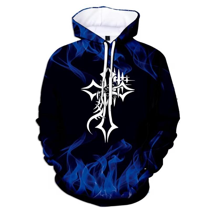 Fashion Autumn and Winter 3D Flame Men's Hoodie Hooded Sweatshirt Pullover Cross Printed Large Size Sweater