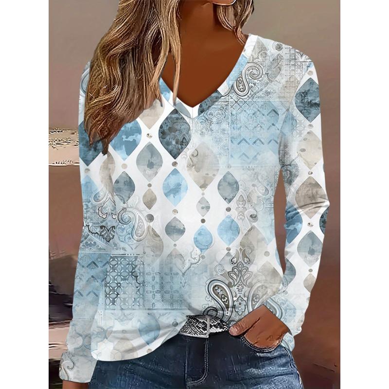 Women's Elegant V-Neck Marble Print Long Sleeve T-Shirt Soft Polyester Great for Autumn and Winter Casual Wear Floral Print Tops
