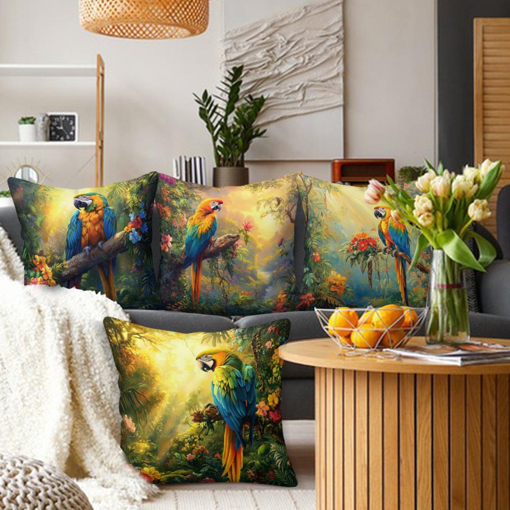 Jit Cartoon Wunderschöner Papagei Tropischer Regenwald Zuhause Leinen Kissenbezug Schlafzimmer Sofa Kissenbezug