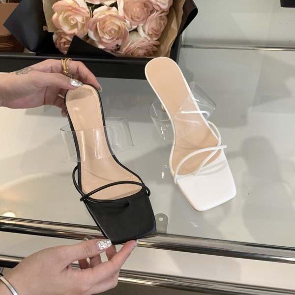 2025 Spring and Autumn New Sandals Women's Transparent Thin Heel Clip Toe Square Head Open Toe High Heels Niche Fairy High
