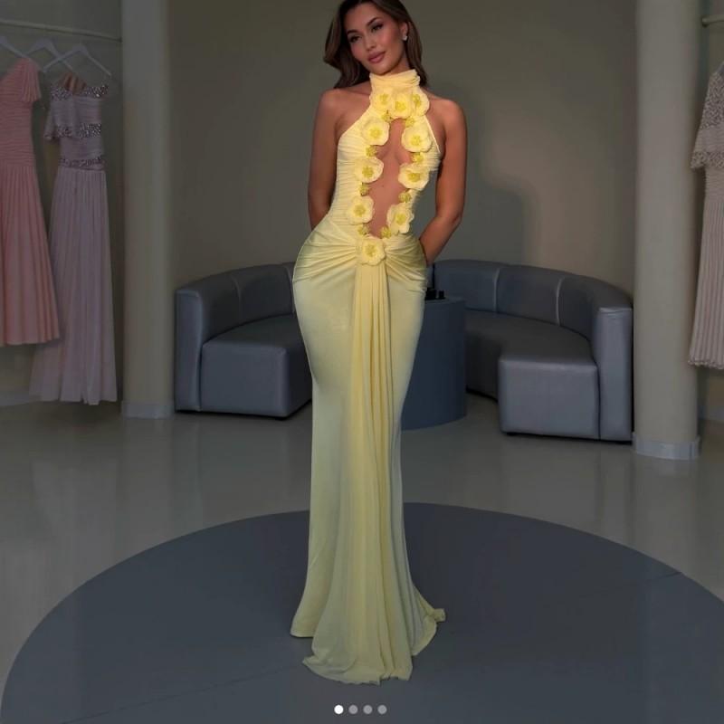Sexy Backless Deep V Neck Halter Bodycon Maxi Dress Women 2026 Yellow XS жёлтый