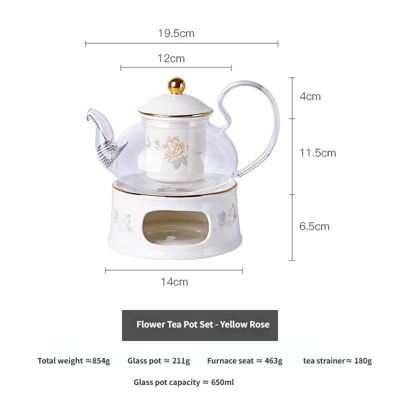 Light Luxury British Afternoon Tea Set with Glass Flower Tea Pot Set, Ceramic Stove, Candle Heating, Fruit Soaking Tea Pot
