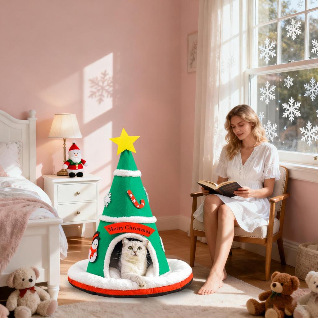Covered Cat Bed Warm Christmas Tree Anti-Slip Bottom Pet Supplies Soft Sleeping Kitten Bed Cat Cave For Puppy Kitten Pet Indoor
