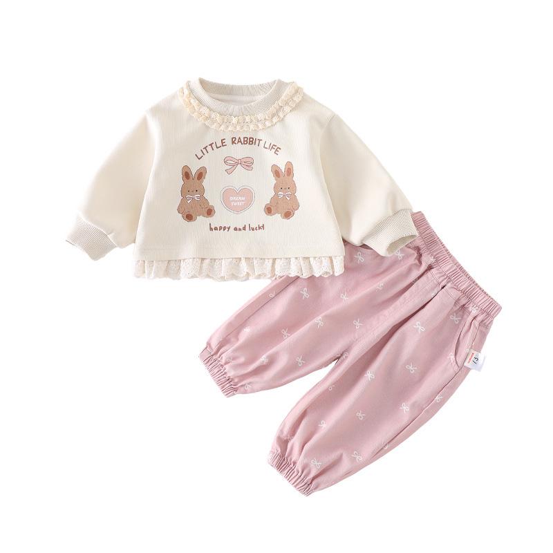 Korean Girls' Spring 2026 Cartoon Hoodie & Pants Two-Piece Set