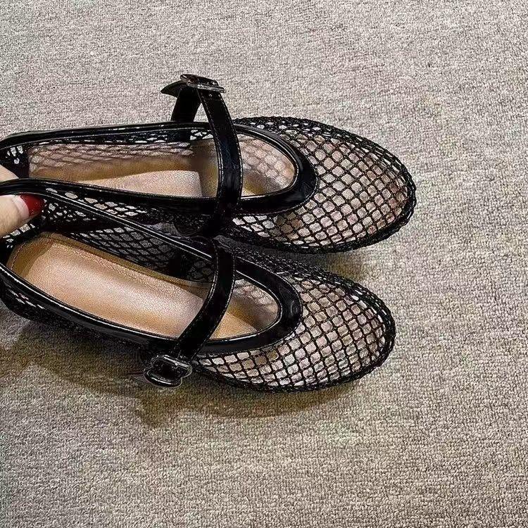 New ballet flats buckle belt mesh hollow breathable spring and summer large size round head fashion single shoes women