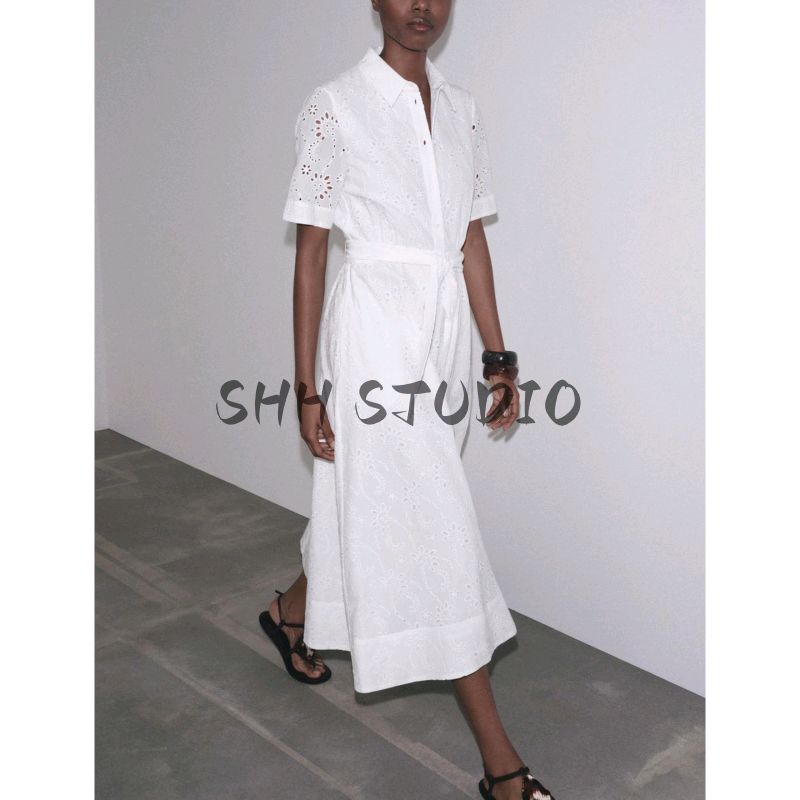 Summer New Product Women's Clothes with Belt Flip Collar Cut Out Embroider Shirt Short Sleeve Dress 8223087