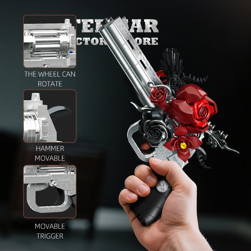 Non-Toxic 631Pcs Creative Mecha Rose Revolver Pistol Building Blocks Technical Red Flower Petal Gun Moc Bricks Assemble Toy Adult Kid Gift