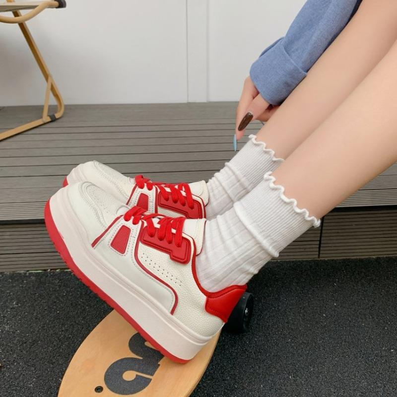 

2026 New Breathable Platform Bread Shoes Women s Lace-up Versatile Comfortable Heightened Casual Board Shoes 35 красный