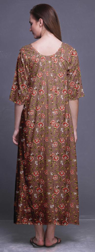 Bimba Dark Rose Brown Floral Leaves & Camellia Kanjiro Printed Nightgowns Maxi Sleepwear For Women Long Sleep Dress