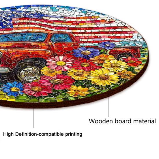 Patriotic Wooden Coasters, Vintage American Theme Coasters with Heat Resistant & Non-Slip Design, 10cm Round Universal Size for Holiday Decor
