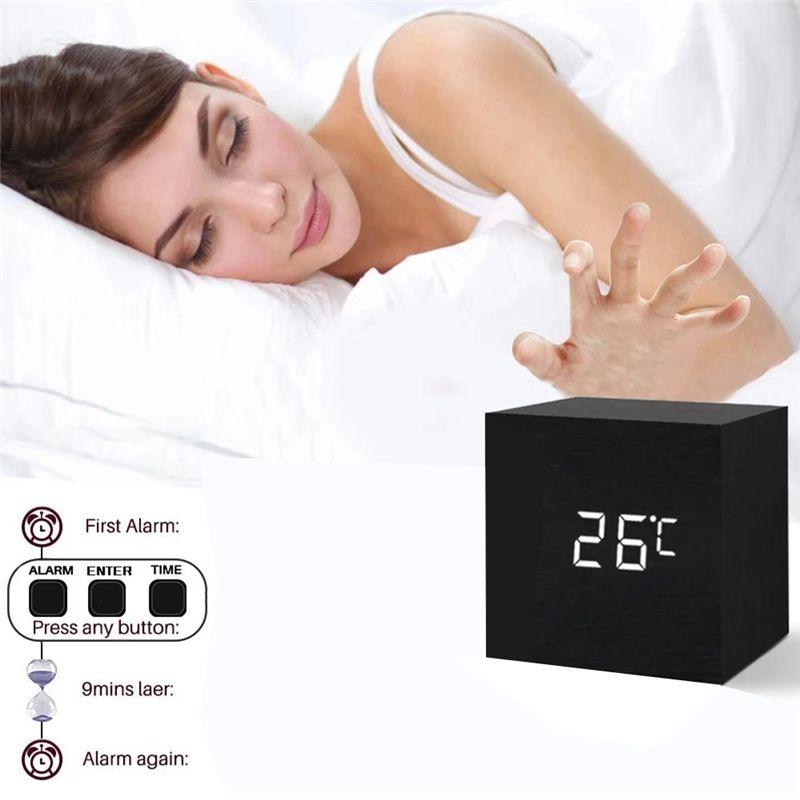 ABIY Square Wooden LED Digital Alarms Clock Wooden Retro Luminous Clock LED Bedside Table Desktop Clock Mini Digital Clock