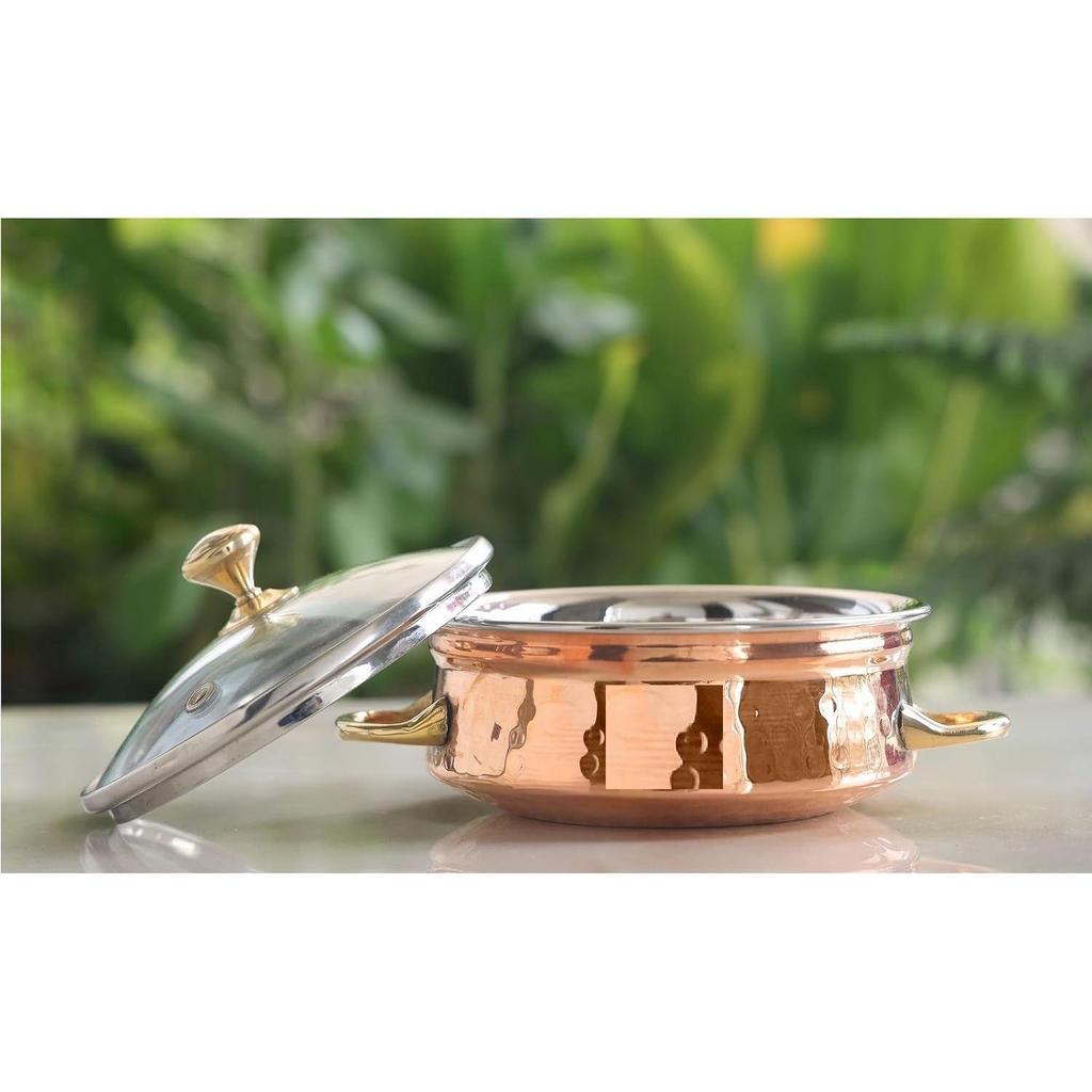 Steel Copper Handi with Brass Handle & Glass Lid No. 3, Serveware Casserole with Handle (Volume - 700 Ml)