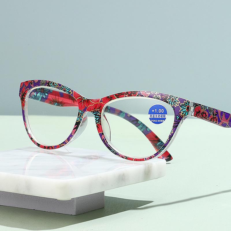 New Fashion Flower Pattern Frame Reading Glasses Neutral New Cat-eye High-definition Blue Light Blocking Presbyopia Glasses +4.0
