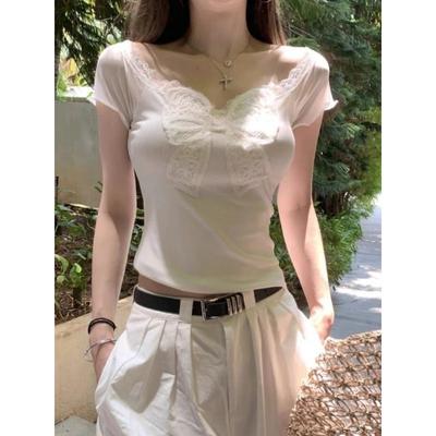 Sexy Coquette Streetwear Tricouri Femei Moda Coreeană Vintage Arc Dantela Patchwork Gât în ​​V Tricouri subțiri Topuri Vara 2024 Chic