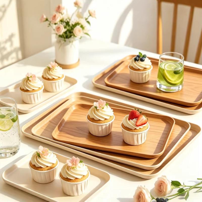 Wood Grain Plastic Food Serving Tray Stackable Dessert Fruit Tray Tea Tray Large Capacity Storage Tray Kitchen Stoage Organizer