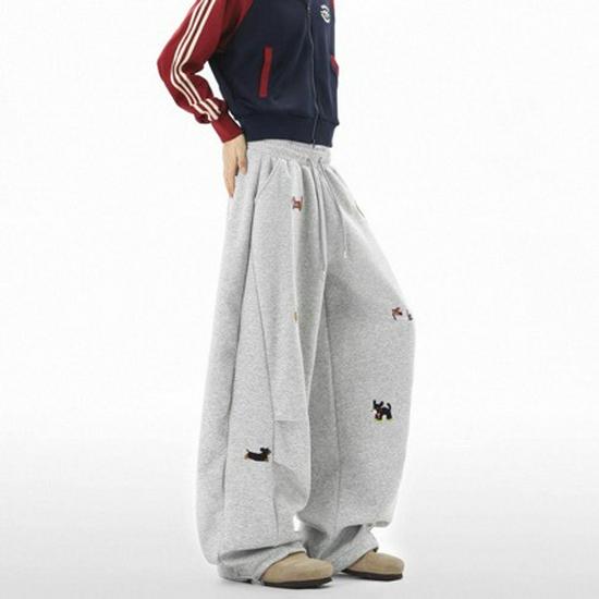 Unisex Retro Embroidered Puppy Wide Leg Pants - Lazy Style, Straight Leg, Crooked Knife Design for Spring and Autumn