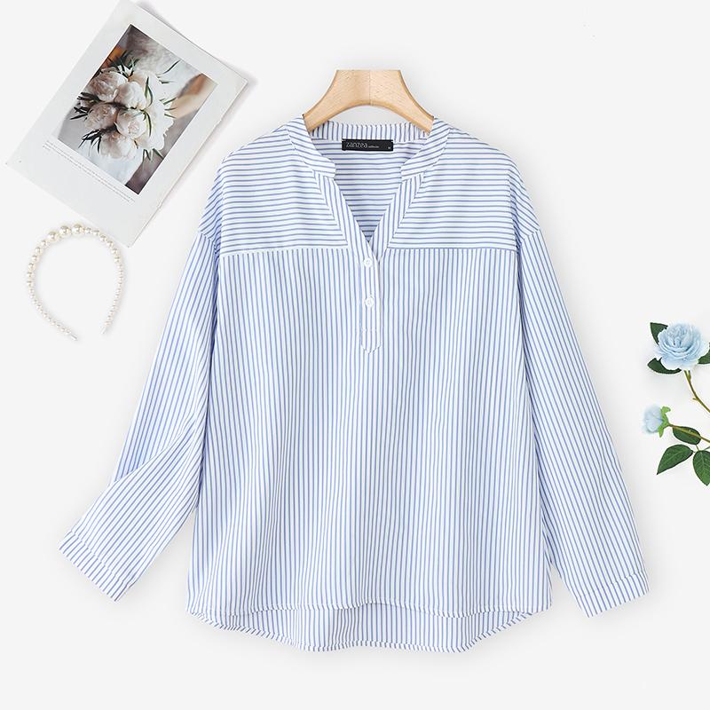 ZANZEA Blouse Décontractée Femme Col V Ample Manches Longues Rayures