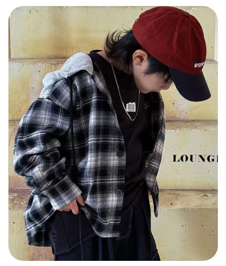 Boy's Spring & Autumn Plaid Hooded Long-Sleeve Shirt Jacket