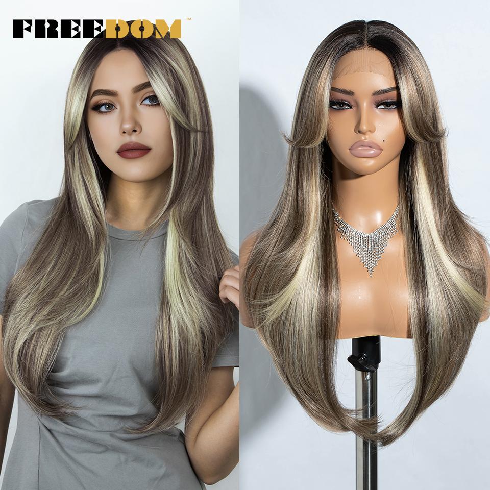 FREEDOM Synthetic Lace Front Wigs For Women 26 inch Straight Layered Wig With Bangs Ombre Brown Blonde Highlight Daily Party Wig