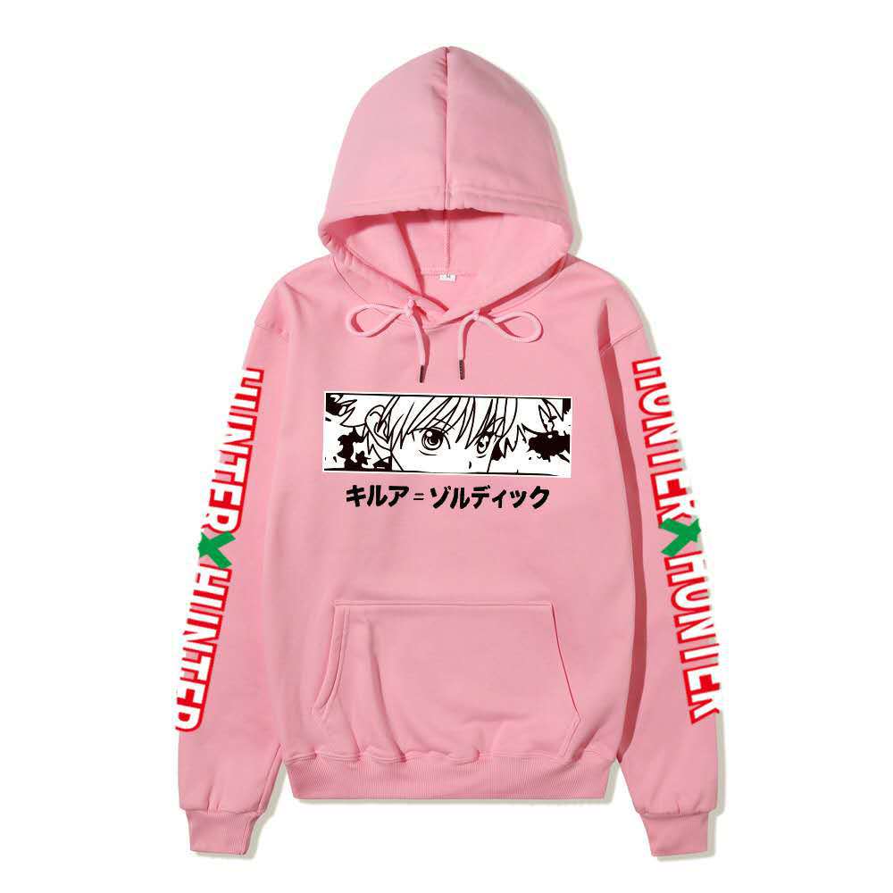 Hunter X Hunter Killua Anime Hoodie Sleeve Letter Print Black Manga Long Sleeve Casual Hooded Pullover Sweatshirt