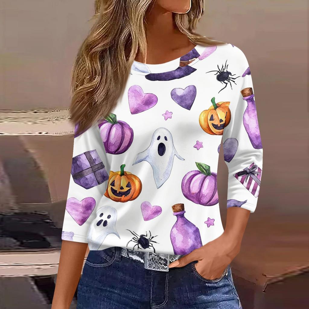 Women's Casual Loose Fit Three Quarter Sleeve Shirt Round Neck Halloween Print T-Shirt Lightweight Comfortable Top