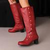 Stivali da Donna Comodi con Tacco Chunky Stivali Alti fino al Ginocchio Retro Decorazione con Borchie in Pelle Calzature Autunno Inverno 2024