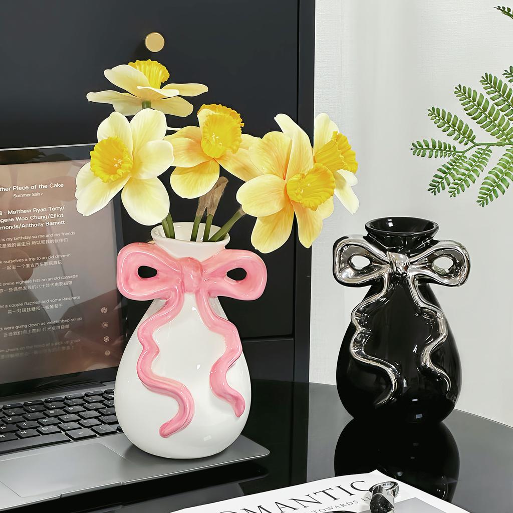 Ceramic Vase with Cute Bow Three-dimensional Ribbon Cartoon Bow Flower Vase Floral Arrangement Accessories Home Decoration