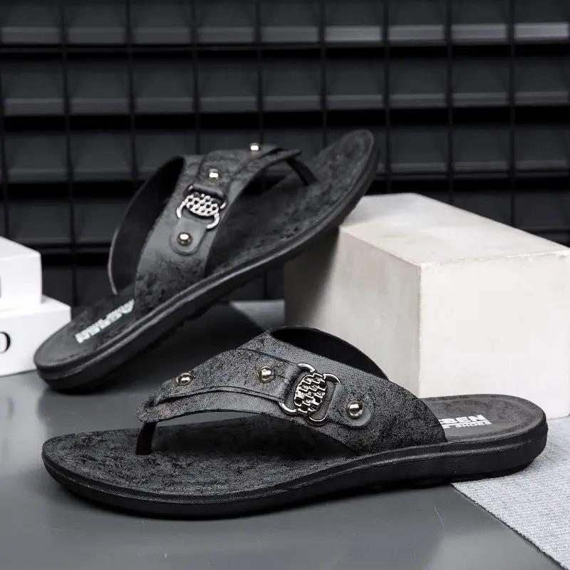 Fashion Sabot Men's Shoe Soft Shiatsu Flip Flops Leather Flat Fun Slides Pvc Mascullino Summer Sale Trend 2025 Y2k Casual Male Slipper