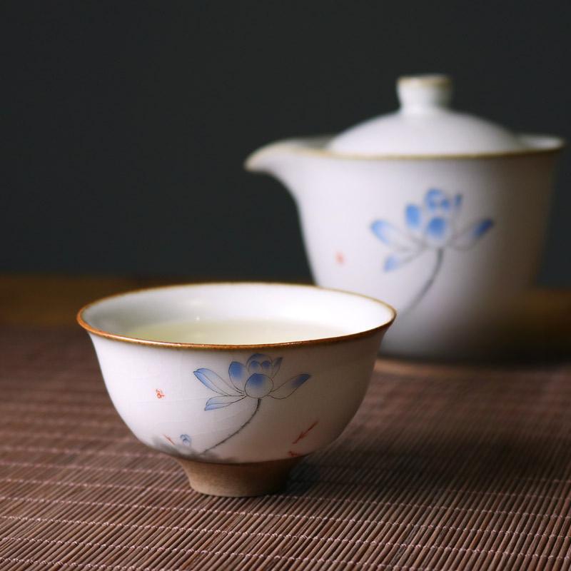 Moon White Ru Kiln Play Lotus Tea Cups Retro Small Tea Cups Open Ru Pottery Marigold Household Kung Fu Tea Set