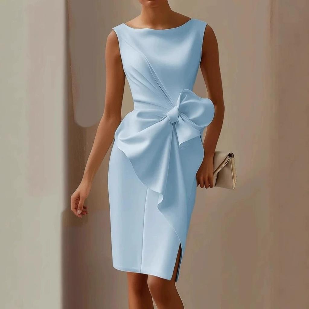 Women's Round Neck Sleeveless Solid Color Bowknot Bodycon Mid Waist Elegant Party Midi Dress
