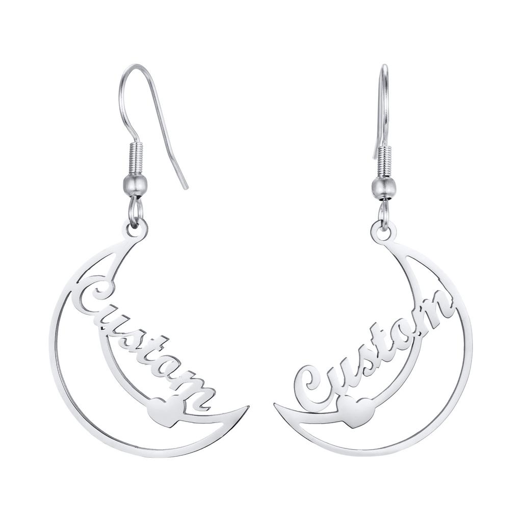 Free Personalized Moon Heart Shaped Name Custom Earrings for Women,Stainless Steel Waterproof Earrings,Fashion Jewelry Gifts