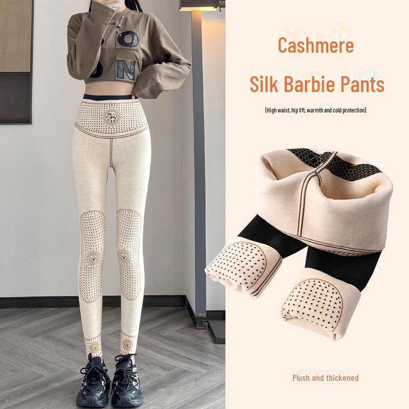 

Женские леггинсы из кашемира и шелка с высокой талией — бесшовные, на бархатной подкладке, теплые зимние брюки Барби с подъемом бедер M