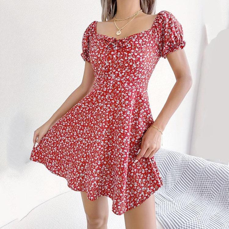 Women Summer Floral Casual Dress Slim Fit Lantern Sleeve Above Knee One Piece Dress