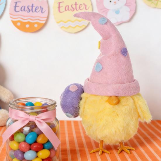 Pluszowa Lalka Kurczak Ozdoba Wielkanocna z Kolorowym Kapeluszem Czarodzieja Brokatową Powierzchnią Jajka Żółta Pluszowa Dekoracja na Biurko Półkę na Książki Świąteczny Sezonowy Dekor