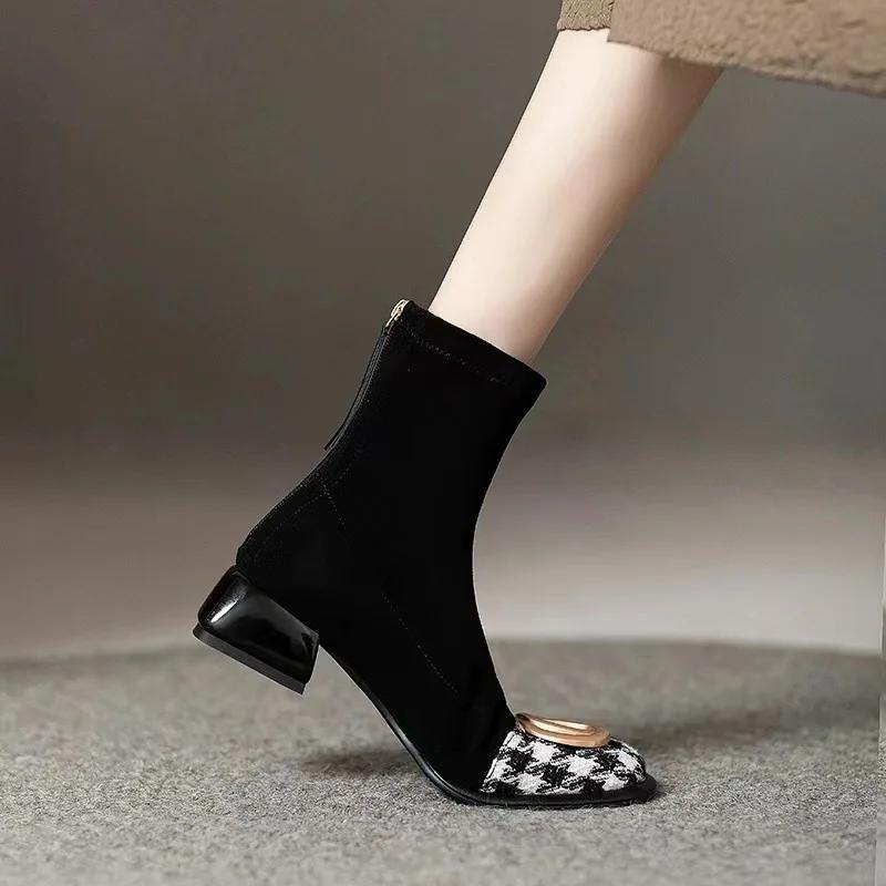 

Модные женские полусапожки челси на среднем каблуке, массивные замшевые ботильоны, зимняя мода 2024, новые ботинки на молнии, туфли-лодочки для ходьбы, панк, теплые боты-носки 38 чёрный