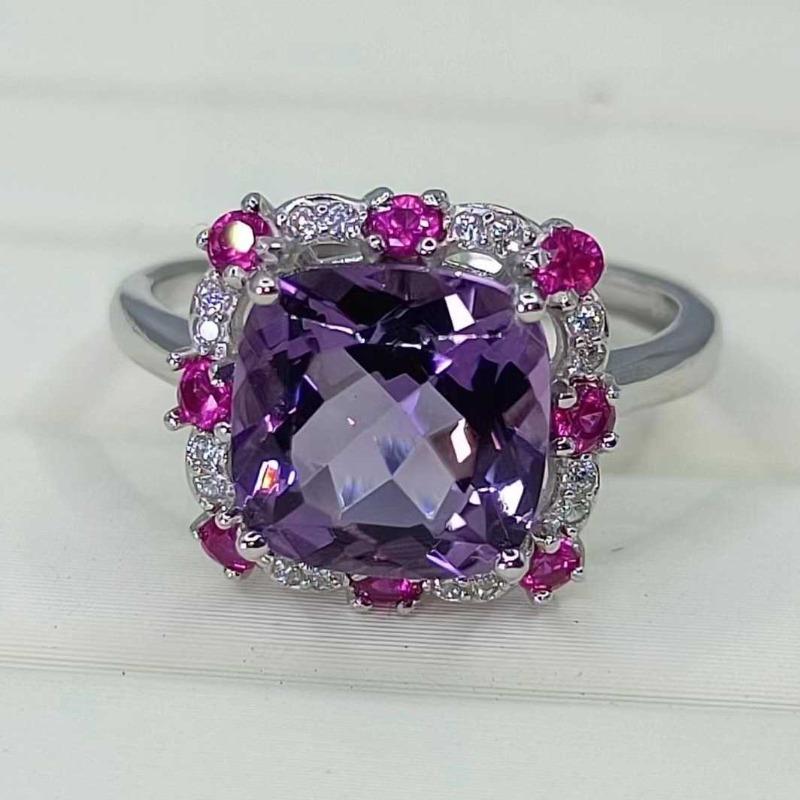 SACE GEMS 925 Sterling Silver 9*9MM Natual Amethyst Rings for Women Engagement Cocktail Party Fine Jewelry Gift