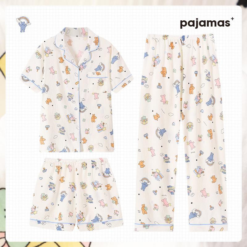 

Cloud Cotton Pajamas Women S Summer Short-Sleeved Three-Piece Set Cute Happy Bear Loungewear Can Be Worn Outside M